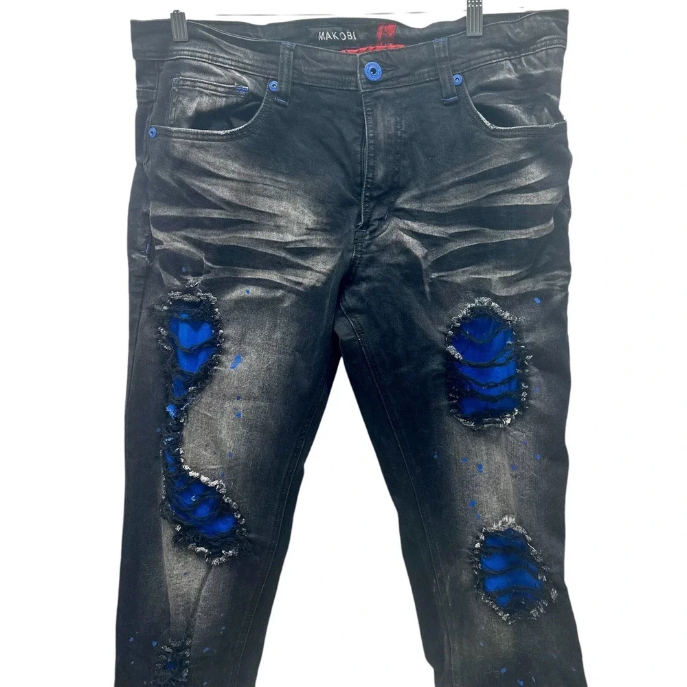MAKOBI M1969 BONDI SHREDDED JEANS - (BLACK/ Blue) Size 36‎ x 32